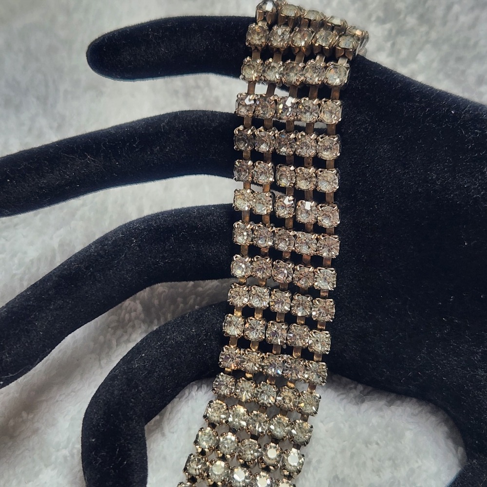 Vintage Silver Tone 5 Row Rhinestone Wide Bracelet Clear Stone Bridal Formal 7in